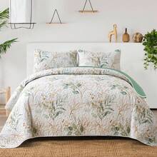 Draelibor 3 Pieces Green Botanical Leaves Flower Quilt Set, Full Queen King Size Boho Floral Branches Soft Microfiber Coverlet Set For All Season, Home Decor Room Decor For Mother's Day Christmas Halloween Gifts - 綠葉 - 查看 17