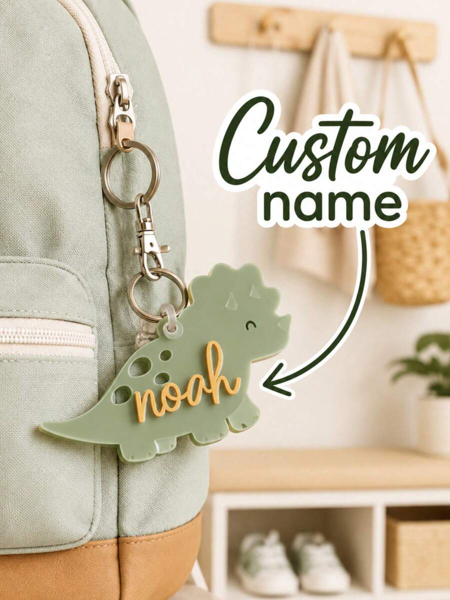 Llavero de acrílico personalizado con nombre, etiqueta de nombre personalizada, forma de dinosaurio, llavero de acrílico personalizado con el nombre deseado - Multicolor - Ver 1