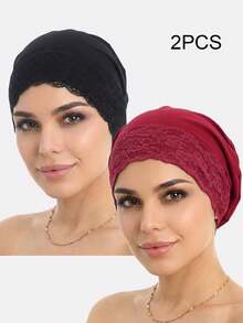 2pcs Lace Trim Bonnet Muslim Headscarf Sleep Cap Headwrap Maternity Cap Suitable For Daily Use - Multicolor - View 6