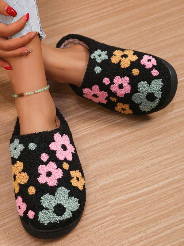 Black Cute Floral Plush Warm Slippers Women's Autumn/Winter Indoor Home Thick Sole Slip-On Fashion Shoes