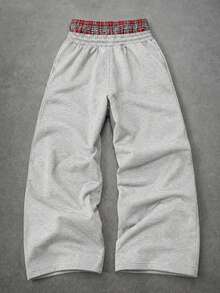 Men's 2 In 1 Plaid Waistband Sweatpants Y2K Dark Gothic Graphic Print Loose Wide Leg Drawstring Long Pants Suitable For Hip-Hop Streetwear - Grey - View 2