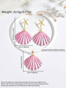 1 Set 3pcs Sweet Ocean Beach Vacation Style Oil Drop Creative Iridescent Starfish Shell Pendant Earrings Necklace Set Suitable For Women Daily Wear, Vacation, Party - Pink - View 6
