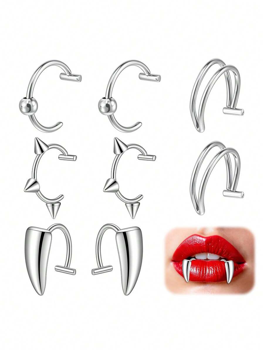 1/4 Pairs Fake Lip Ring Vampire Teeth Ring, Adjustable Fake Lip Piercing Non-Piercing Lip Cuff Ear Cuff Earrings - Silver - View 1