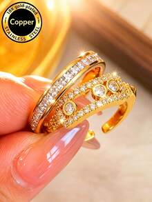 Elegant Gold Stainless Steel & Copper Ring Set, Inlaid Design, Fashionable Suitable For Various Occasions - Gold - View 6