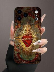 1pc 2D Printed Sacred Heart Cross Pattern Phone Case, Matte Black Frosted Anti-Fingerprint Stain-Resistant TPU Soft Shell, Raised Full Lens Protection, Shockproof Anti-Drop, Dustproof Waterproof, Classic Minimalist Premium Feel, Atmospheric, Ins Style, Retro, Compatible With Iphone All Series, Galaxy Series, Perfect Gift For Friends, Family, Couples, Yourself, Birthday, Holiday - Black - View 1