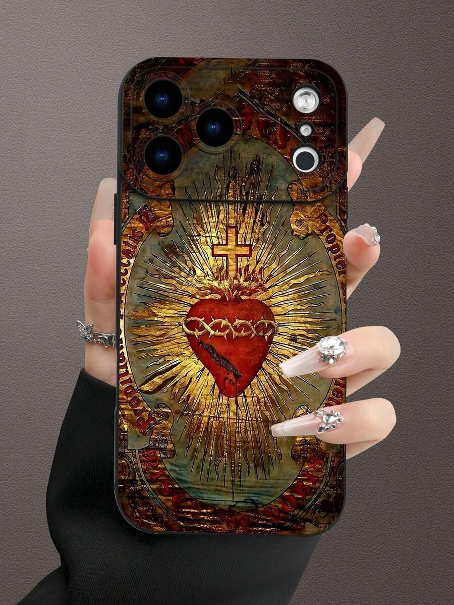 1pc 2D Printed Sacred Heart Cross Pattern Phone Case, Matte Black Frosted Anti-Fingerprint Stain-Resistant TPU Soft Shell, Raised Full Lens Protection, Shockproof Anti-Drop, Dustproof Waterproof, Classic Minimalist Premium Feel, Atmospheric, Ins Style, Retro, Compatible With Iphone All Series, Galaxy Series, Perfect Gift For Friends, Family, Couples, Yourself, Birthday, Holiday - Black - View 1