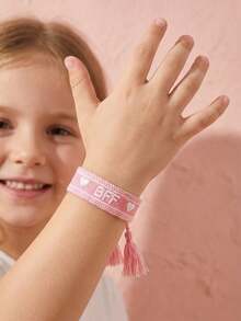 1pc Girls Bohemia Embroidery Letters & Heart Pattern Woven Tassel Bracelet Children Handmade Wristband For Summer Beach Vacation Daily Jewelry Gift - Pink - View 1