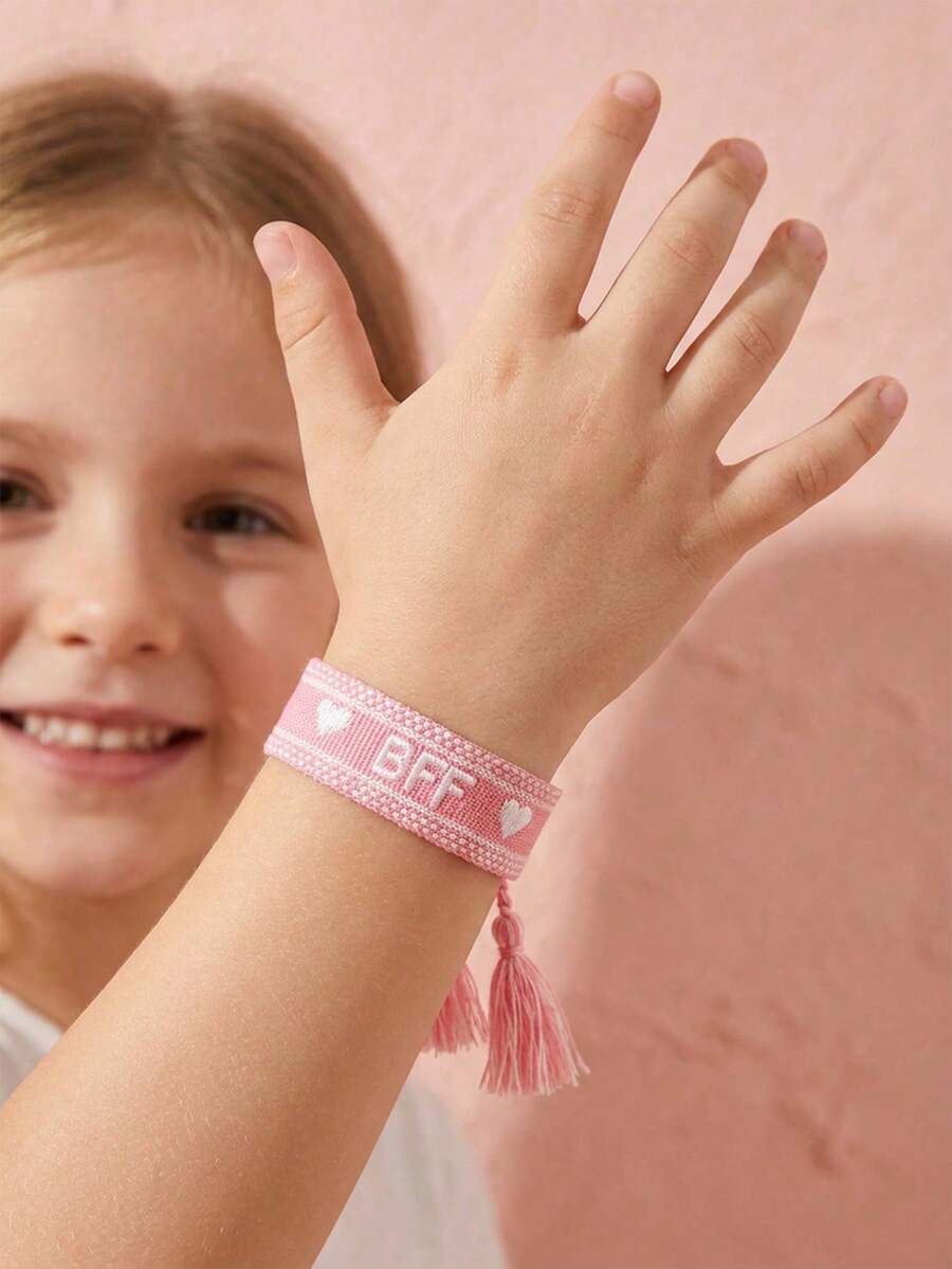 1pc Girls Bohemia Embroidery Letters & Heart Pattern Woven Tassel Bracelet Children Handmade Wristband For Summer Beach Vacation Daily Jewelry Gift - Pink - View 1