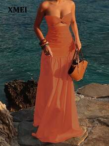 Sexy Casual Strapless Hollow-Out A-Line Vacation Dress, Spring/Summer Elegant - Burnt Orange - View 2