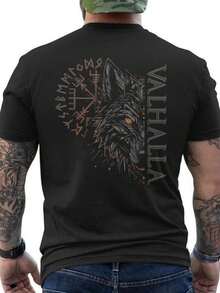 Men's Viking Norse Mythology T-Shirt - Valhalla Wolf Compass & Odin Runes Back Print, 100% Cotton, Casual Shirt For Leisure Wear Viking Events - Black - View 7