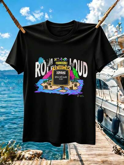 Camiseta De Algodón Para Hombre Estilo Streetwear Con Estampado Gráfico. Algodón De Primera Calidad, Corte Holgado, Transpirable, Estilo Casual, Estampado Llamativo.