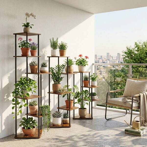Indoor Multi-Tier Plant Stand, Rustic Wooden & Metal Plant Pot Organizer Shelving, Space Saving Corner Flower Display Rack For Bedroom, Living Room, Balcony, Apartment Patio Decor