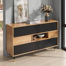 Sideboard With Shelves, Living Room Cabinet, Kitchen Cabinet, Black And Natural Wood Combination - Black and Natural - View 10