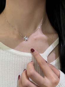 1件時尚蝴蝶結心形吊墜項鍊，適合女性日常配戴 - 銀色 - 查看 4