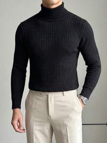 Men's Vintage Ribbed Cable Knit Turtleneck Sweater, Solid Black, Business Casual, Autumn/Winter Knit Inner Layer Base Top - Black - View 2