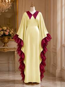 Gaun Bubu Afrika Sederhana dengan Blok Warna, Potongan Longgar, Lengan Kelelawar Samping Berkerut, dan Detail Tarikan, Gaun Maxi Elegan untuk Acara Formal Gereja, Warna Kuning Musim Gugur - Kuning - View 6