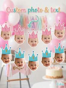 8/12/16pcs Custom Kid Photo And Text 1st Birthday Banner, Pink Blue Beige Crown Number Photo Banner, Customizable Kids First Birthday Party Banner - Multicolor - View 1