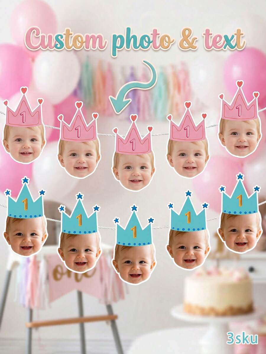 8/12/16pcs Custom Kid Photo And Text 1st Birthday Banner, Pink Blue Beige Crown Number Photo Banner, Customizable Kids First Birthday Party Banner - Multicolor - View 1