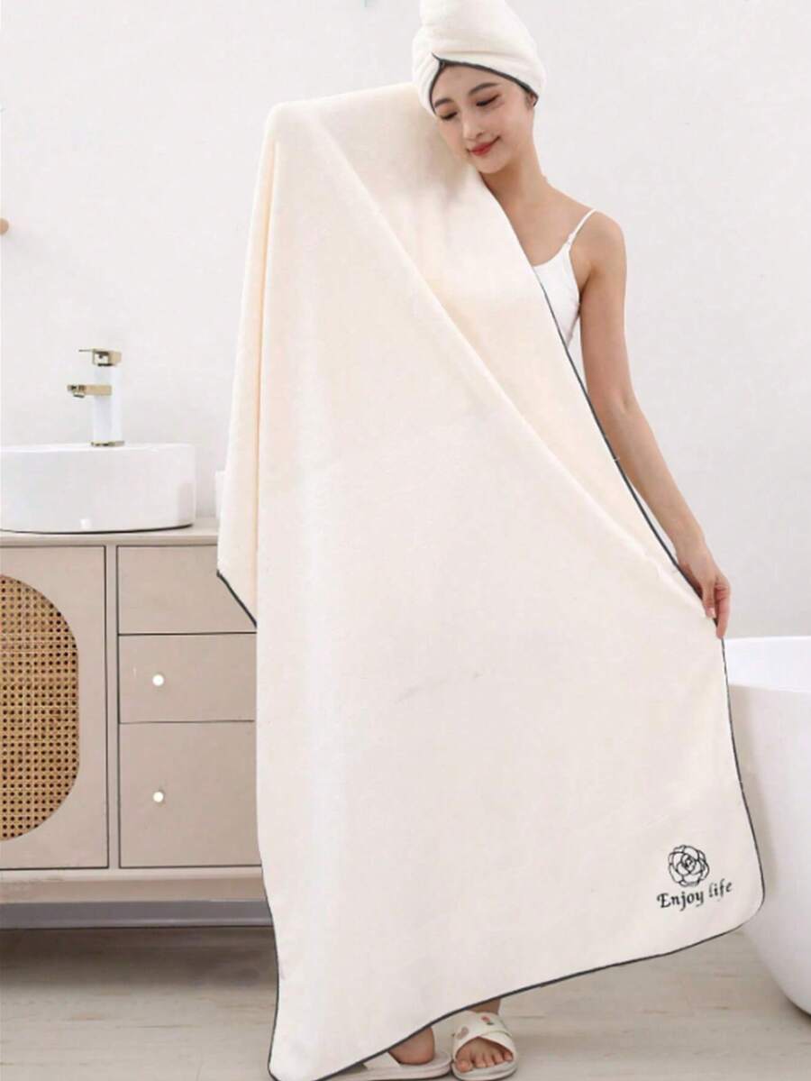 Women's Soft Absorbent Embroidered Large 90*180cm Bath Towel/25*65cm Bath Cap - White - View 1