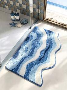 Blue Ocean Wave Bathroom Mat, Creative Nordic Style, Fluffy Soft Plush, Comfortable Foot Feel Faux Cashmere Soft Texture Mat, Non-Slip Bottom, Suitable For Versatile Soft Door Mat, Makeup Mat, Cozy Entryway Mat, Bathroom Bath Mat, Bathtub Mat, Home Bedroom, Bay Window Mat, Bedside Rug, Washing Machine Mat, Machine Washable. Note: There May Be Creases During Packaging And Shipping, The Product Is Printed With A White Bottom, Short Plush, Please Consider Carefully Before Purchasing. - Blue - View 5