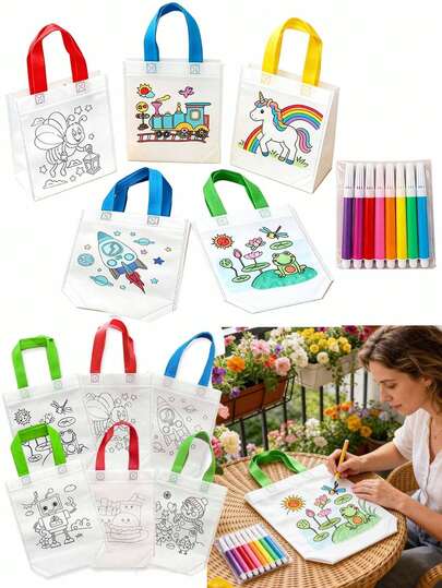 31/16/7pcs Tas Kado Genggam DIY Acak dengan 8 Spidol Cat Air, Tas Mewarnai Kain Non-Woven, Cocok untuk Souvenir Pesta, Kemasan Hadiah, Suvenir Acara, Tas Mewarnai Kerajinan Seni, Hadiah Luar Biasa untuk Keluarga dan Teman