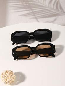 2 PCS Women's Retro Polygon Geometric Fashion Glasses Lightweight Frame Polycarbonate Material Solid Color Lenses For Vacation Outing With Glasses Box - Multicolor - View 12