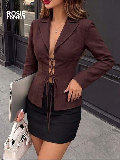 ROSIE POPHUB Women's Elegant Brown Business Blazer, Lace-Up Cutout Waist-Cinched Cropped Suit Jacket For Commute, Sexy Daily Wear, Autumn & Winter
