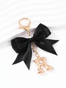 1pc Ins Korean Style Gentle Black Satin Bow Keychain, Metal 3D Letter Lobster Clasp Keyring, Minimalist Premium Backpack Charm - Multicolor - View 9