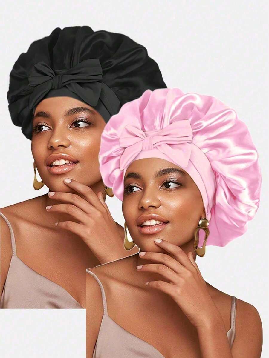 1pc Bow Satin Sleep Cap, Adjustable Long Ribbon Anti-Frizz Hair Wrap, Oversized Ruffle Silky Hair Bonnet, Multi-Color Options, Suitable For Sleep, Skincare, Curly Hair Care, Women's Daily Hair Care, All-Season Style - Multicolor - View 1