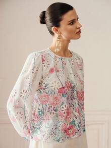 Camisa de manga larga con botones estilo francés premium nueva de veranodiseño de cuello redondo, manga farol holgada, para ir al trabajo en primavera y verano, reuniones casuales - Multicolor - Ver 5