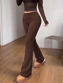 High-Waist Wide-Leg Pants, Vintage Style With Tummy Control Effect, For Sports, Fitness, High-Intensity, Versatile For Running, Showing Off Long Legs. Brown - Brown - View 3