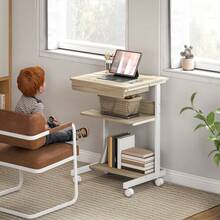Mobile Desk With Drawer And Shelves, 4 Casters, Compact, Particle Board, Metal - A - View 7