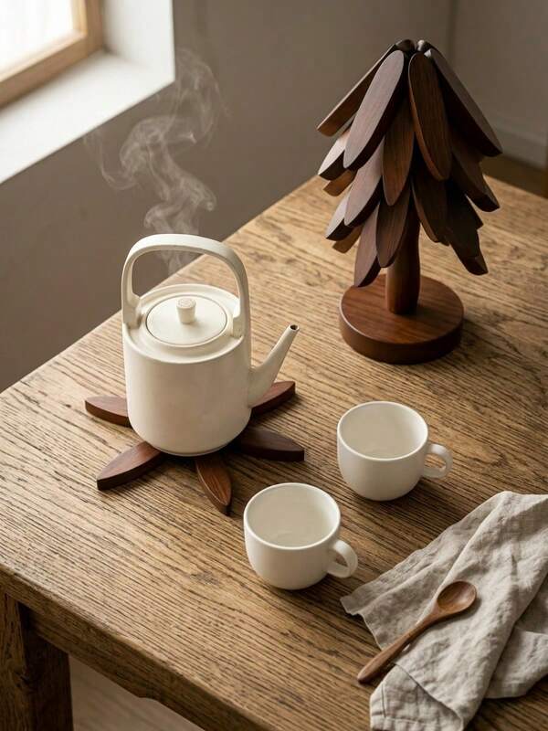 5pcs Wooden Tree-Shaped Coasters, Christmas Tree Design, Heat Resistant & Anti-Scald, Suitable For Pots, Cups And More, Daily Home Decor Heat Insulation Mat Set, Practical And Beautiful