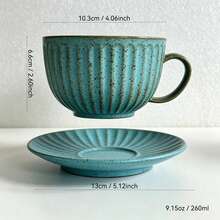 Aesthetic Retro Speckled Vertical Fluted Ceramic Cup & Saucer Set 250ml Standard Latte Tea Mug Vintage Turquoise Porcelain Table Decor For Breakfast Afternoon Tea Coffee Gift - Multicolor - View 3
