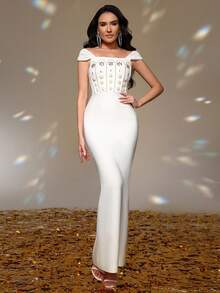 Love Aing Gaun Pesta Wanita Musim Panas Model Bodycon Berbahan Jala dengan Tali Bahu, Mutiara, dan Rhinestone, Seksi, Cocok untuk Pesta Koktail, Malam Hari, dan Acara Semi-Formal untuk Tamu Pernikahan. - Putih - View 2