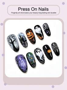 Vintage Halloween Style! 10PCS Almond Shaped Fake Nails Dark Gothic Style Black & White Contrast Spider Web Rose Flower Design Cute White Ghost Pumpkin Tombstone Monster Pattern Press-On Nails Purple Gradient Design Eerie Castle Pattern Halloween Nail Art, Includes 1 Sheet Jelly Glue And 1 Nail File (Jelly Glue Randomly Shipped), Suitable For Women And Girls For Halloween Parties, Gatherings And Other Occasions - Multicolor - View 3
