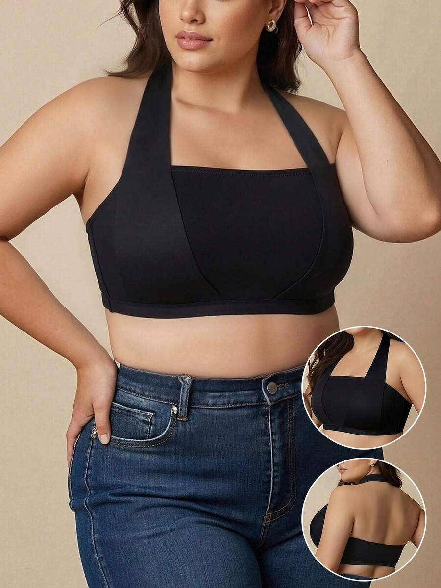 1pc Black Strapless Camisole Bra, Curvy Plus Size Wireless Comfortable Bra, Summer - Black - View 1