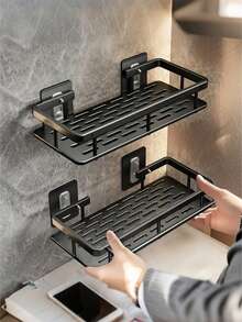 1pc/2pcs Wall-Mounted Shower Caddy, Thickened Large Capacity, Durable Plastic Material, No Drilling Required For Installation, Adhesive Bathroom Shower Rack, Bathroom And Kitchen Floating Storage Shelf, Organizer Rack, Space-Saving, Easy To Install, Suitable For Storing Toiletries, Cosmetics And Sundries, Applicable To Bathroom, Shower Room, Vanity, Etc. - Multicolor - View 1