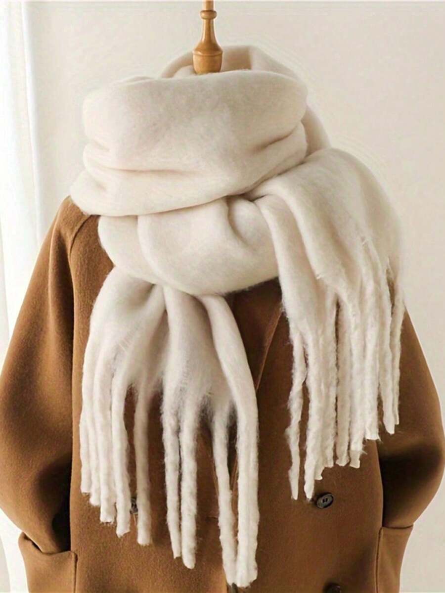 1 pieza Bufanda de felpa con borlas para mujer, nueva para otoño/invierno, chal grande cálido y cómodo, a prueba de viento y cálido para viajes al aire libre, simple y versátil para uso diario - Blanco - Ver 1