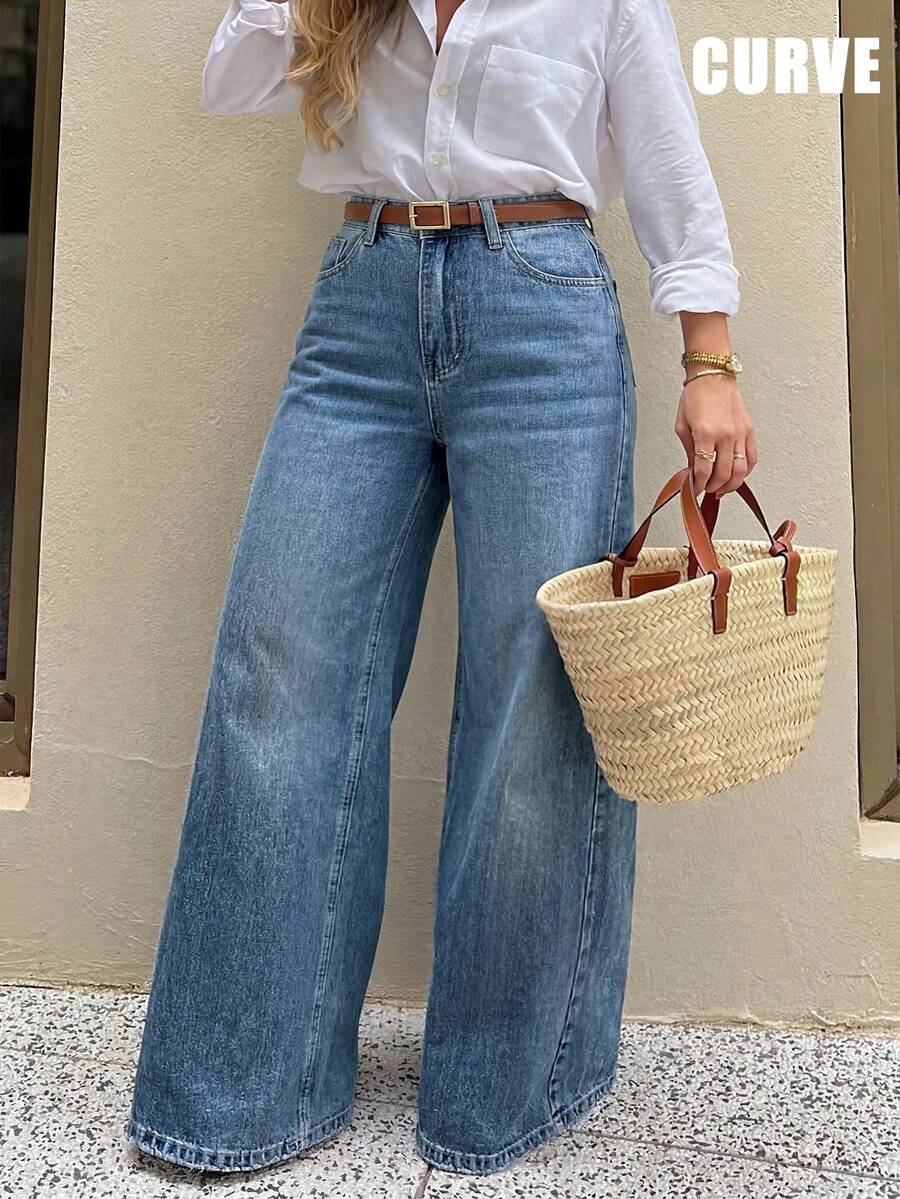 Urban High Street Washed Solid Color Distressed Casual Plus Size Slim Fit Jeans, With Pockets, Extended Length - Dark Wash - View 1