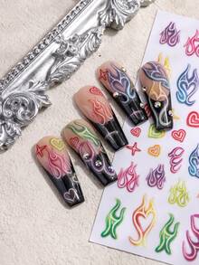 Pegatinas de uñas con diseño de llama, calcomanías de arte de uñas con corazón de rayo colorido y flor, suministros de arte de uñas con degradado de punta negra - Multicolor - Ver 6