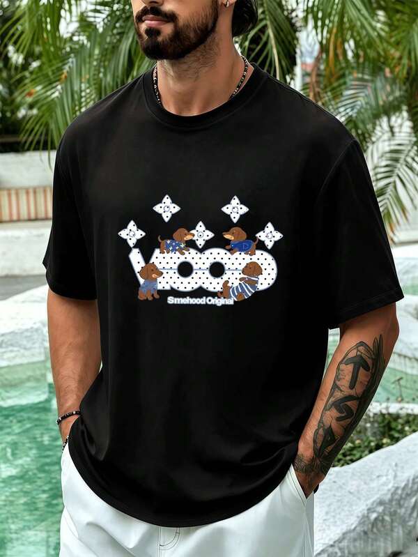Camiseta casual para hombre con estampado gráfico de perro. Tejido de calidad, corte relajado, ajuste cómodo, estilo hip-hop urbano, estampado artístico.