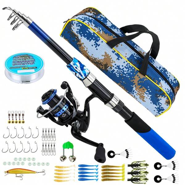 Blue And Black Telescopic Rod And Spinning Reel Set With Line, Hard Bait Tackle Box And Bag, Portable Outdoor Fishing Gear, Cool Gift For Fishing Lovers