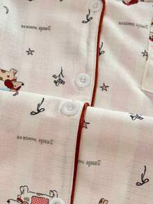 Women's Cartoon Dachshund Print Pajama Set - Long Sleeve Button-Up Top With Pants, Soft And Breathable, Cute Loungewear - White - View 7