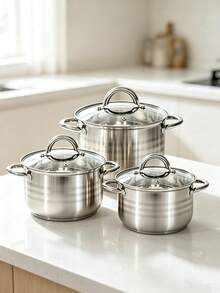 12pcs/6pcs Stainless Steel Cookware Set Stockpot Saucepan Frying Pan Set With Tempered Glass Lids Heat Resistant Handles Induction Gas Electric Stove Compatible Kitchen Cooking Pots Pans,Durable And Easy To Clean - View 1