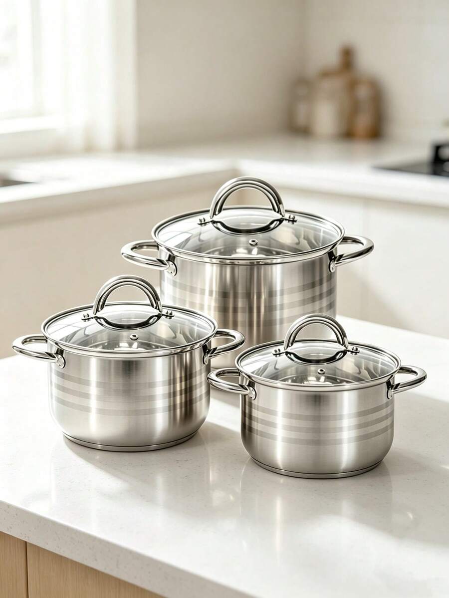 12pcs/6pcs Stainless Steel Cookware Set Stockpot Saucepan Frying Pan Set With Tempered Glass Lids Heat Resistant Handles Induction Gas Electric Stove Compatible Kitchen Cooking Pots Pans,Durable And Easy To Clean - View 1