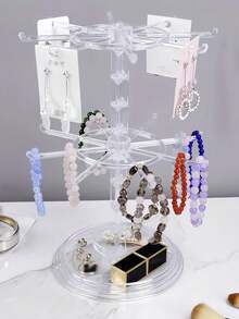 2-Tier Rotating Jewelry Display Stand, Transparent Plastic Rotating Storage Rack, Suitable For Keychains, Necklaces, Bracelets, Earrings, Brooches And Pendants; Multi-Functional Desktop Storage Rack, Suitable For Home, Store And Travel Use - Clear - View 1