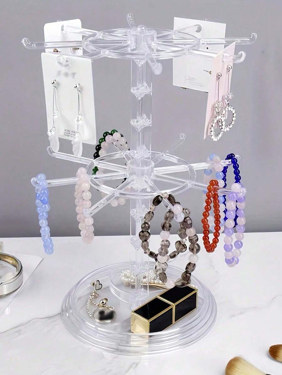 2-Tier Rotating Jewelry Display Stand, Transparent Plastic Rotating Storage Rack, Suitable For Keychains, Necklaces, Bracelets, Earrings, Brooches And Pendants; Multi-Functional Desktop Storage Rack, Suitable For Home, Store And Travel Use - Clear - View 1
