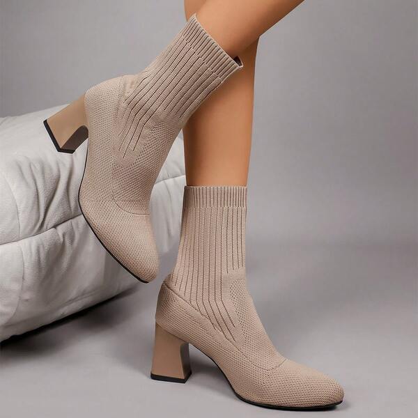 Women's Pointed Toe Knitted Elastic Sock Ankle Boots, Square Chunky Heel, Slimming Mid-Calf Boots, Simple Slip-On Commuter Boots For Autumn/Winter