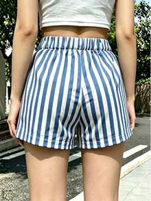 Celana Pendek Wanita Ukuran Besar Motif Garis-garis Pinggang Elastis Kaki Lebar, Gaya Musim Panas - Biru - View 5
